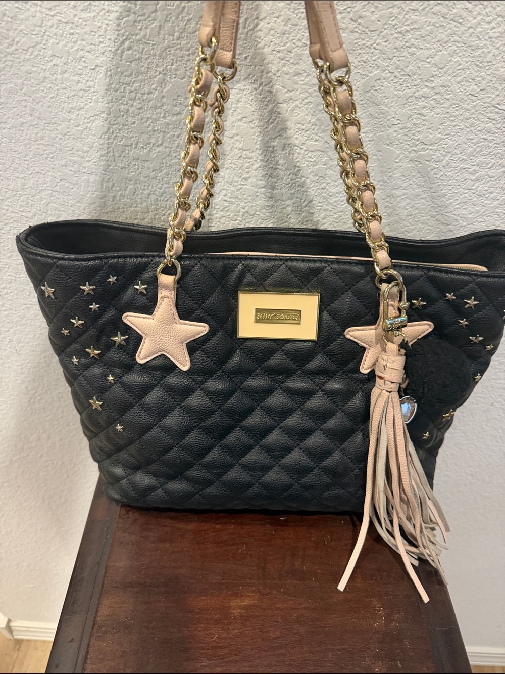 Betsey Johnson Black Quilted Tote with Pale Pink Star Accents